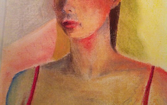 Girl in Red Dress, pastel on cardboard