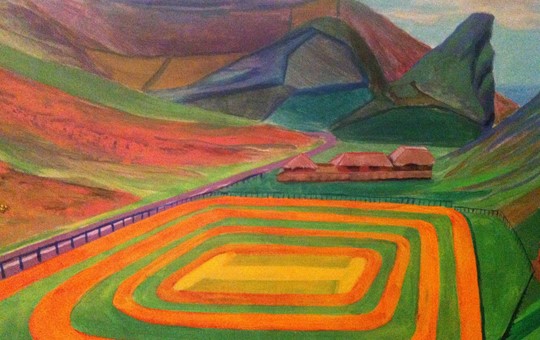 Cricket pitch in Lynton, Devon, acrylic on canvas